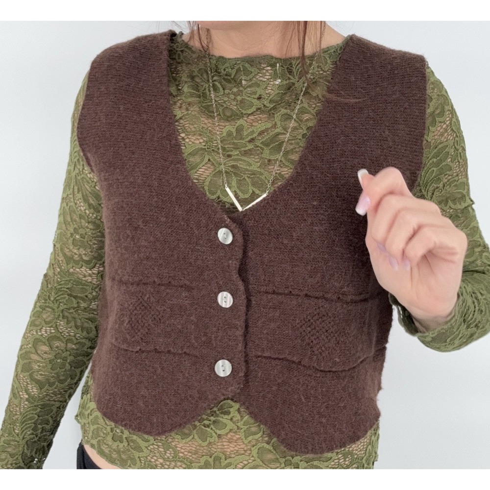 Brown Cropped Vest Womens S Wool Knit Indie Boho Layering Western Grunge